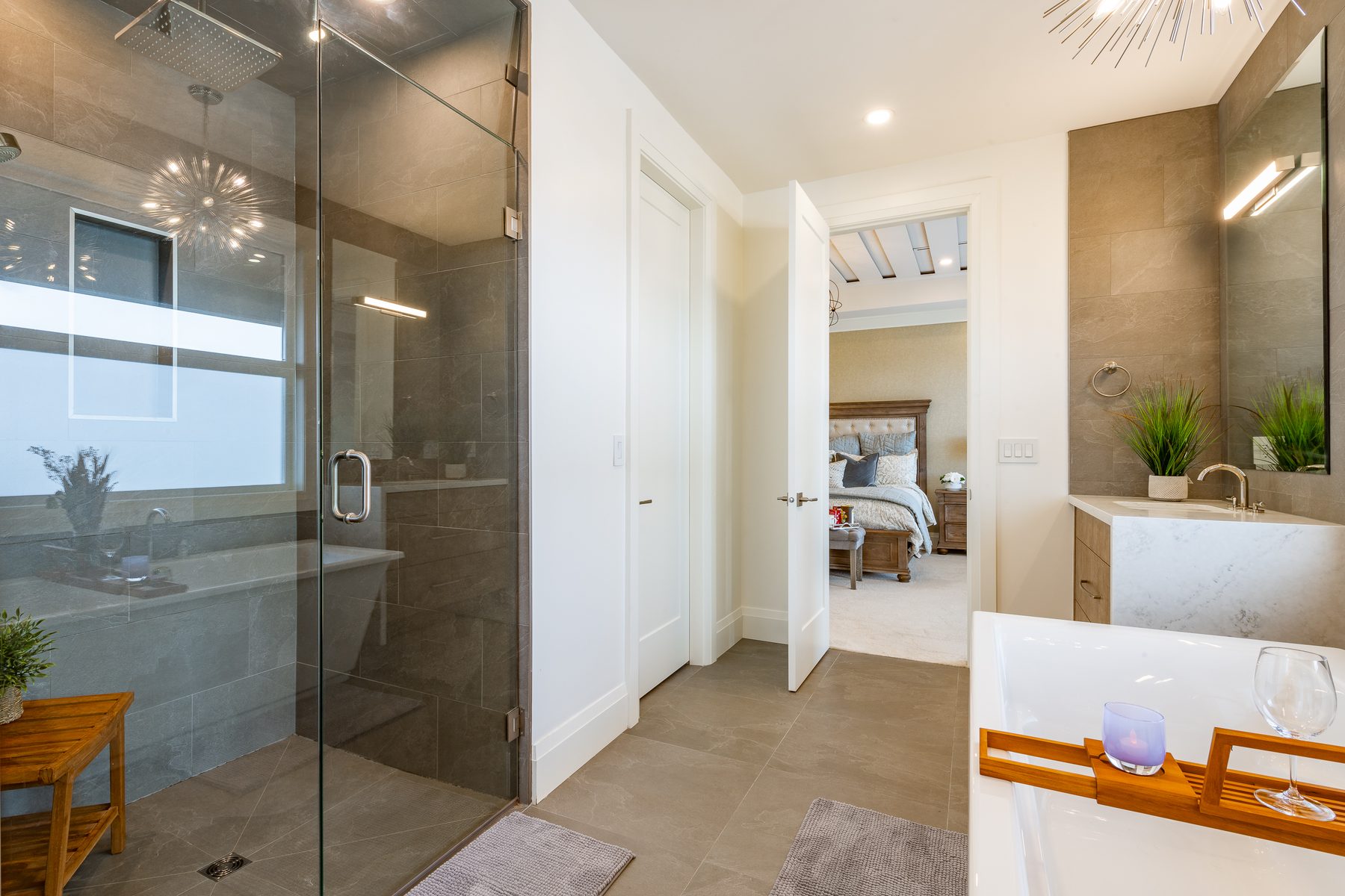 Finished walk-in shower with tile detail, or a waterproofing membrane going in mid-build