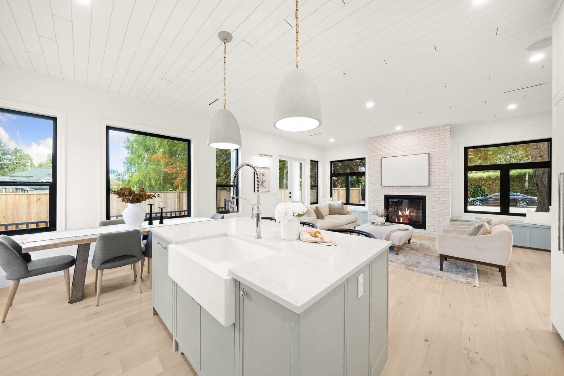 Finished kitchen, wide shot with island and full run of cabinetry