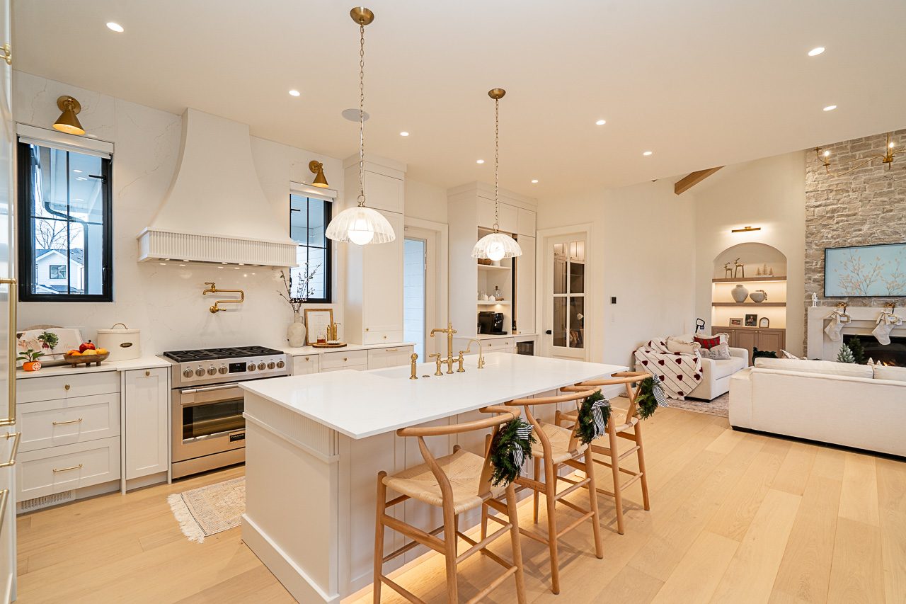 Finished kitchen with island, shot from the dining side